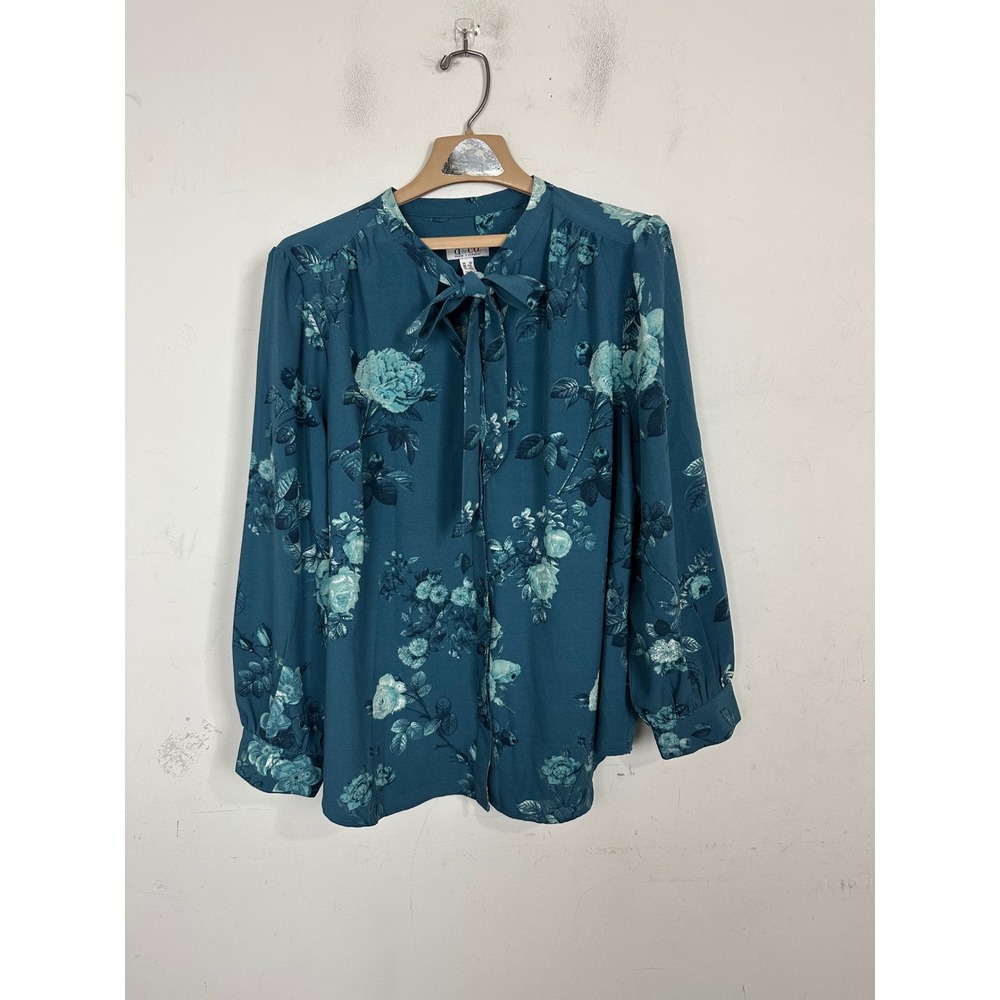 Denim & Co Teal Floral Tie Neck Blouse Long Sleeve Top 1X Rose Print